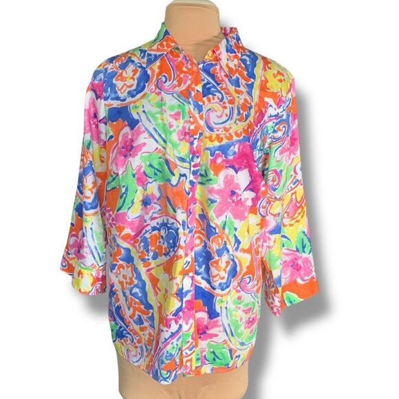 Lauren Ralph Lauren Shirt Colorful Floral Paisley Button-Up Collared Plus 1X - Picture 1 of 8